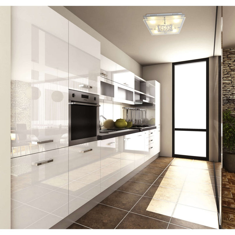 De LED -plafondlamp "chur" 30 x 30 cm, chom -gekleurd metaal, gedeeltelijk gevatneerd glas, geïntegreerde LED's, warm wit