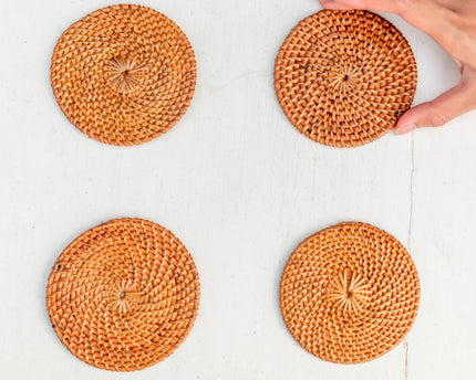 Ronde rotan onderzetters set van 4 of 8 handgemaakte TIBU