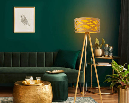 Staande lamp "Finja" gemaakt van natuurlijk gekleurde plastic/holzimitatie, met E27-versieverlichting voor woonkamer, eetkamer of kantoor, 148 cm hoog