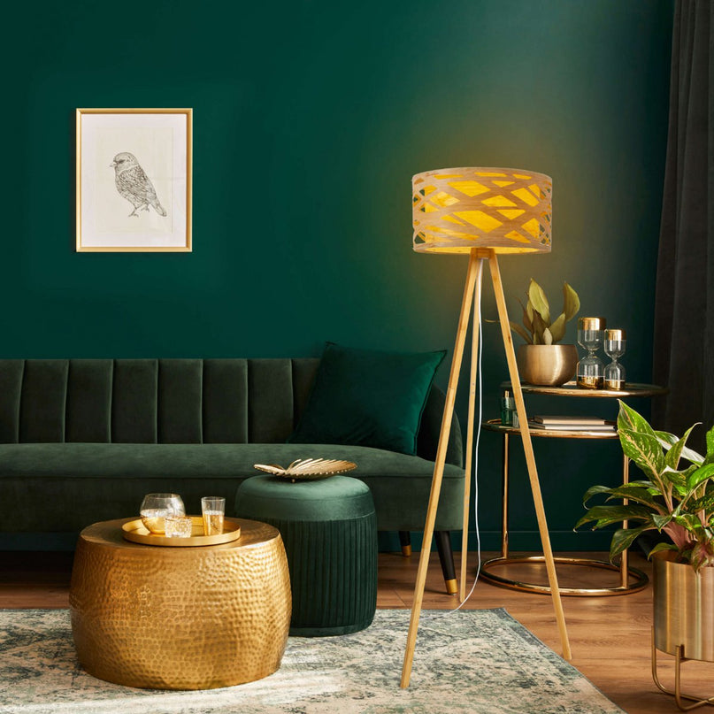 Staande lamp "Finja" gemaakt van natuurlijk gekleurde plastic/holzimitatie, met E27-versieverlichting voor woonkamer, eetkamer of kantoor, 148 cm hoog