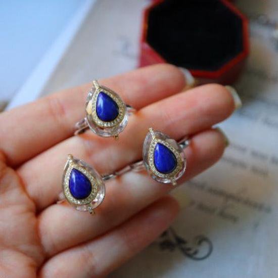 Lapislazuli peer-cut heldere kwartskristalring