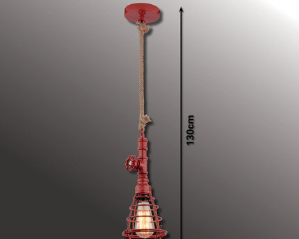 Hanger lamp "regia", rood metaal, henneptouw, E27 -versie, verlichting voor woonkamer, jeugdruimte of kantoor