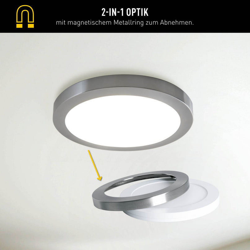 LED -plafondlamp "bonus", functie, metalen plafondlamp en plastic, ringen in chroom en wit kunnen worden gewijzigd, met stevig ingebouwde LED's, 22,5 cm diameter
