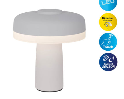 Draadloos tafellicht "Pilu", 16,5 cm hoog, boven Ø van 15 cm, metaal in wit, wit plastic, geïntegreerde LED's, 280 lumen, dimpelbaar door aanraaksensor, warm wit wit