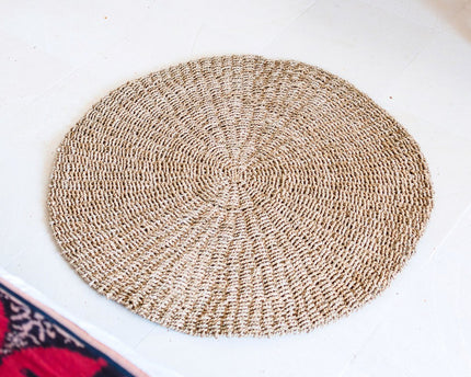 Zeegrasvloerkleed rond 100/120 cm – vloerkleed in bohostijl – rond vloerkleed naturel – handgeweven beige natuurvloerkleed (2 maten) LOKA