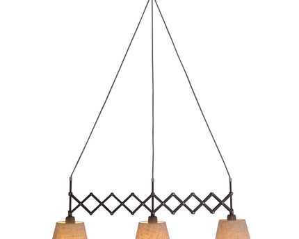 Shear hanger lamp "Adrienne", breedte uit te strekken van 52-100 cm, gemaakt van bruin metaal met natuurlijk gekleurde textiel parasols, E27-versies, verlichting voor woonkamer, eetkamer of kantoor