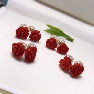 Tijdloos Red Coral Rose Flower Ear studs-18k goud