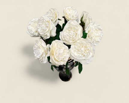 Een prachtige zwarte vaas met 10 grote, witte bloemen.