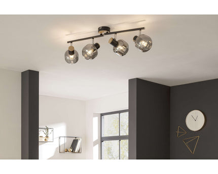 4er spot plafondlamp "fumoso", plafondlamp gemaakt van metaal en rookglas in zwart, met E14 -aansluiting, voor eetkamer, woonkamer, gang of kantoor, 80 x 20 cm