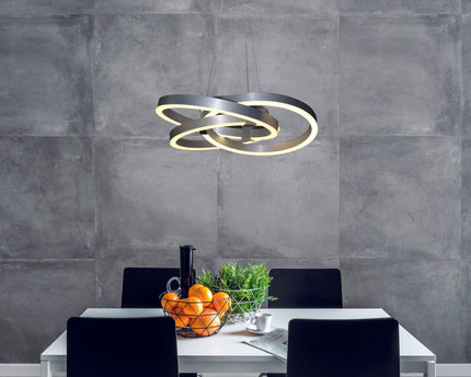 Smart Home LED hanglamp "Divora" Ø 58 cm, plafondlamp gemaakt van metaal, aluminium geborsteld en wit plastic, met veel functies, stevig gebouwd -in LED's, verlichting voor woonkamer, eetkamer kantoor of gang