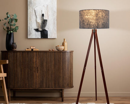 Staande lamp "Filco" Ø Ca. 45 cm, 147 cm hoog, gemaakt van hout en plastic in bruin en grijs, voor E27, voor woonkamer, slaapkamer en eetkamer