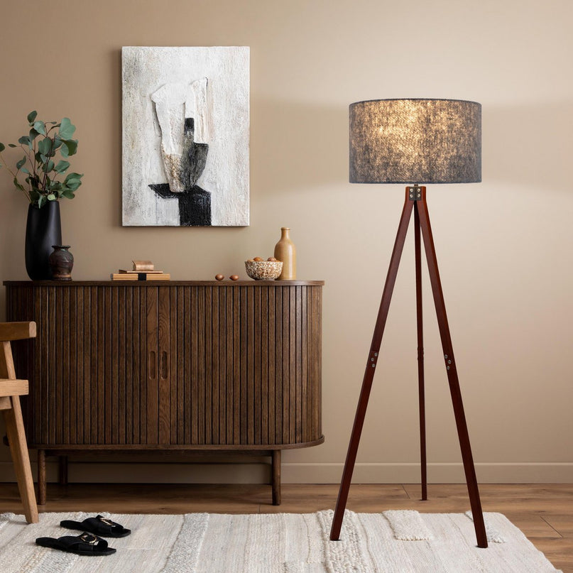 Staande lamp "Filco" Ø Ca. 45 cm, 147 cm hoog, gemaakt van hout en plastic in bruin en grijs, voor E27, voor woonkamer, slaapkamer en eetkamer
