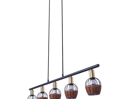 5 hanglamp "Corbis", echtelijke lamp gemaakt van zwart in zwart, met goud en rotan, met E14 -aansluiting, voor eetkamer, woonkamer, gang of kantoor, 100 cm lang