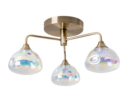 LED-plafondlamp 3-flame "varna", plafondlamp gemaakt van messing gekleurd metaal en irisglas, met stevig ingebouwde LED's, een diameter van 42 cm, stijlvolle verlichting voor woonkamer, eetkamer of gang