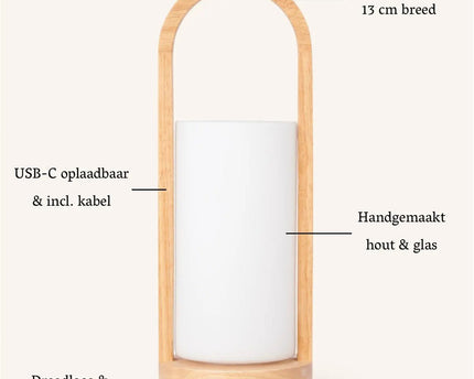 Evie Lichtbruine Oplaadbare Houten Tafellamp – Dimbaar & Snoerloos