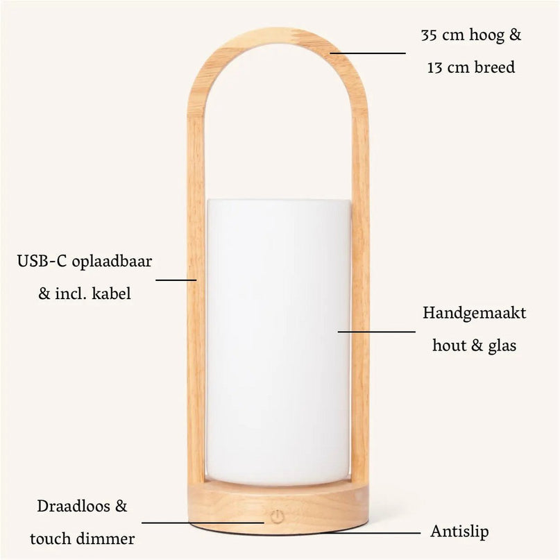Evie Lichtbruine Oplaadbare Houten Tafellamp – Dimbaar & Snoerloos