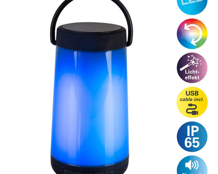 LED -tafellicht met BT -luidspreker "Festa" voor buitenruimte gemaakt van zwart plastic met geïntegreerde LED's, 18 cm hoog