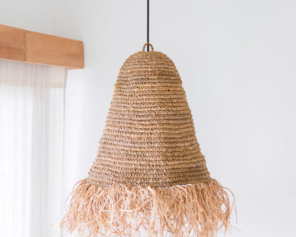 Raffia Boho Lampenkap – Hanglamp – Hanglamp – Handgeweven Plafondlamp met Lange Franjes (3 maten Ø 30/40/50 cm) KALIMA
