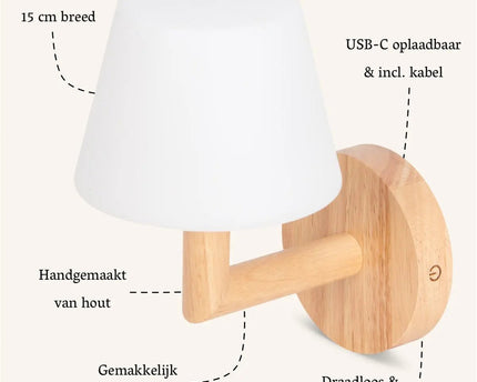 Ted lichtbruin houten oplaadbare wandlamp | Draadloze en dimbare verlichting