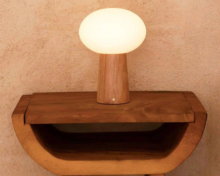 Max lichtbruine houten oplaadbare tafellamp met glas en oplaadbare batterij | Dimbare en veelzijdige verlichting