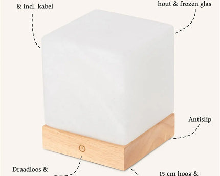 YCE lichtbruine draadloze houten lamp met bevroren glas-oplaadbare, dimbare, 100-uur batterij