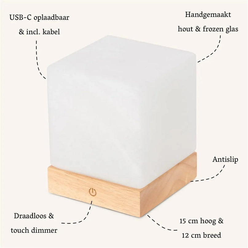YCE lichtbruine draadloze houten lamp met bevroren glas-oplaadbare, dimbare, 100-uur batterij