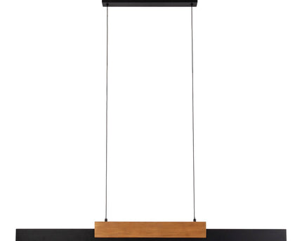 LED hanger lamp Brown "Wiebke" bestaat uit metaal en hout (MDF) in zwart en bruin. Het is ongeveer. 120,5 cm lang, ca. 6 cm breed en tot ongeveer. 150 cm hoog. Hoogte verstelbaar, met geïntegreerde lamp, dimbaar, met geheugeneffect