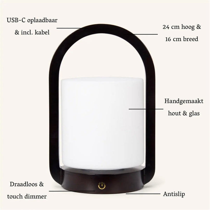 George donkerbruine houten lamp – oplaadbaar, dimbaar en draagbaar