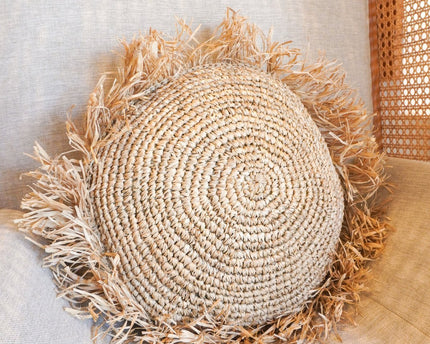 Rond Boho Kussen met Franjes Decoratief Kussen Ø40/50 cm Sierkussen van Raffia Bankkussen met Vulling TARAKAN beige