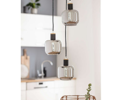 3 plafondlamp "fumoso", hanglamp gemaakt van metaal en glas in zwart, met E14 -aansluiting, voor eetkamer, woonkamer, hal of kantoor, hangende lamp Totale hoogte 123 cm.