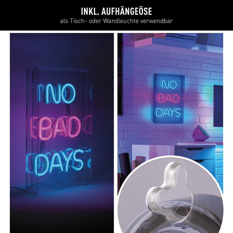 LED-lettertype licht "geen slechte dagen" decoratie voor binnen 30 x 18 cm, in blauw en magenta-rood