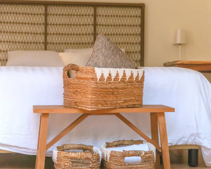 Opbergmand met katoendecor PISANG Decoratieve mand handgeweven van bananenvezel