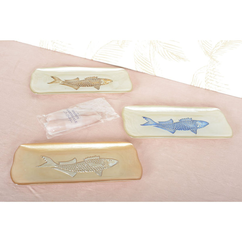 RECHTHOEKIGE KARAMELSCHAAL MET ZILVEREN VISSEN 31,7X12,7CM