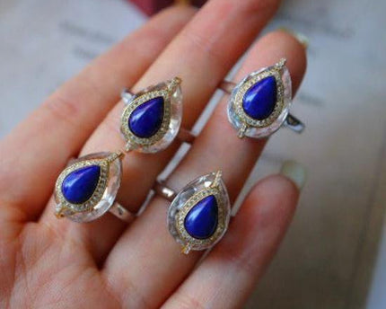 Lapislazuli peer-cut heldere kwartskristalring