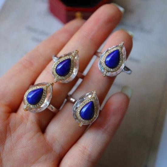 Lapislazuli peer-cut heldere kwartskristalring