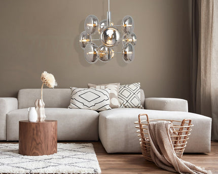 Hanger lamp "Orion" Ø ca. 53 cm barnsteen, gemaakt van messing gekleurd metaal en glas in barnsteen, G9-sockets, verlichting voor woonkamer, eetkamer of kantoor.