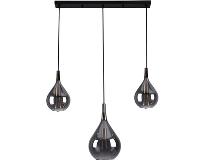 3-be hanglamp "Gota", retro klassieke hanglamp gemaakt van zwart rookglas met E27-frames, 88 cm lang, 150 hoog, ideaal voor eetkamer, woonkamer en keuken.