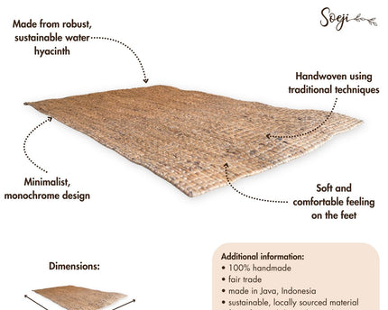 Vierkant Boho-vloerkleed gemaakt van natuurlijke vezels-handgeweven vloermat-rechthoekig bruin tapijt-groot water hyacint tapijt 180x115 cm sawah