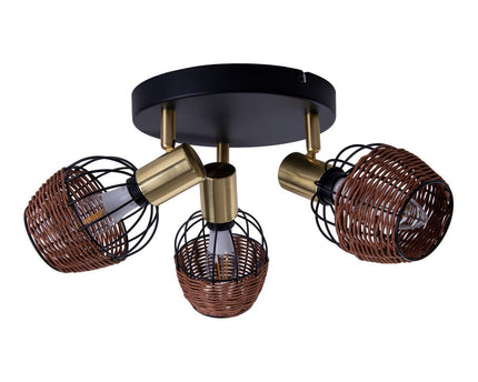 3 "Corbis" plafond Rondel, metalen plek in zwart, met goud en rattan, met E14 -aansluiting, voor eetkamer, woonkamer, gang of kantoor, verlichting voor woonkamer, eetkamer of kantoor, 38 cm diameter, diameter van 38 cm