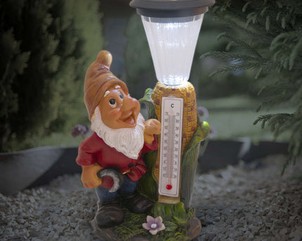 LED -decoratie Solar Light "Dwarf" met thermometer gemaakt van geschilderde polyresin, ongeveer 26 cm hoog en uitgerust met stevig geïnstalleerde LED's