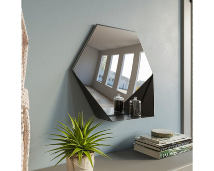 Gorillz Hive Wandspiegel met Plank - Hexagon Spiegel - 60 x 52 cm - Industrieel Zwart