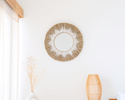 Ronde wandspiegel van zeegras – Boho hangspiegel – wandspiegel met franjes en patroon van wit katoen (Ø 60 cm) RANDU