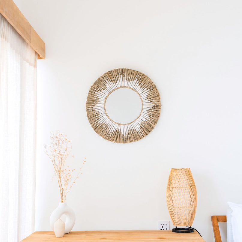 Ronde wandspiegel van zeegras – Boho hangspiegel – wandspiegel met franjes en patroon van wit katoen (Ø 60 cm) RANDU