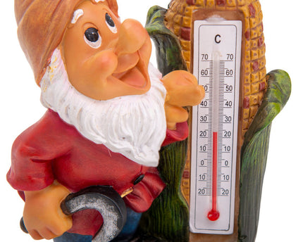 LED -decoratie Solar Light "Dwarf" met thermometer gemaakt van geschilderde polyresin, ongeveer 26 cm hoog en uitgerust met stevig geïnstalleerde LED's