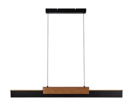 LED hanger lamp Brown "Wiebke" bestaat uit metaal en hout (MDF) in zwart en bruin. Het is ongeveer. 120,5 cm lang, ca. 6 cm breed en tot ongeveer. 150 cm hoog. Hoogte verstelbaar, met geïntegreerde lamp, dimbaar, met geheugeneffect