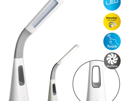 LED-tafellicht "Ventu" met ventilator, met aanraking, dimable, gemaakt van wit plastic, stevig ingebouwde LED's, 40 cm hoog