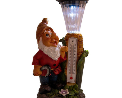 LED -decoratie Solar Light "Dwarf" met thermometer gemaakt van geschilderde polyresin, ongeveer 26 cm hoog en uitgerust met stevig geïnstalleerde LED's