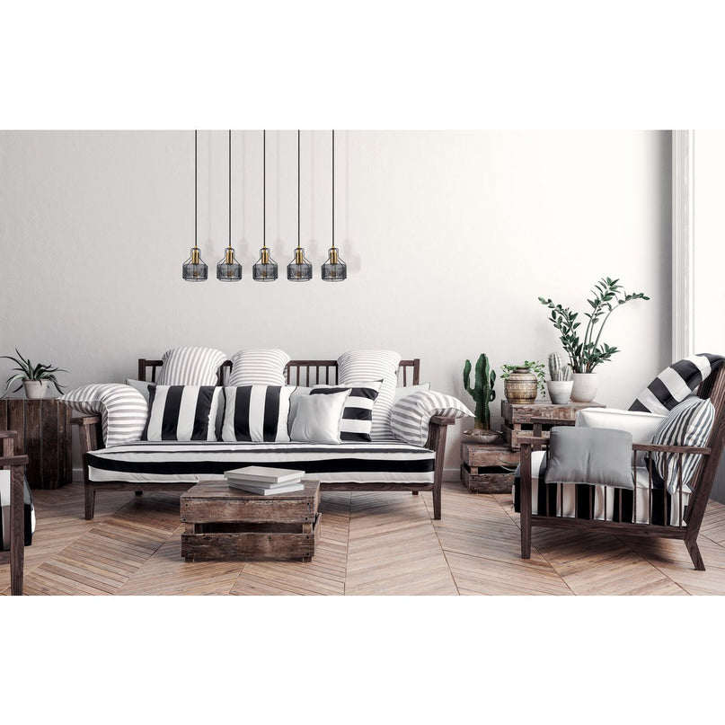 5 hanger lamp "foro" retro hanger lamp gemaakt van metaal in zwart en goud met E27 -versies, 96 cm lang. Stijlvolle verlichting voor woonkamer, eetkamer of keuken.