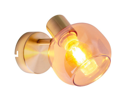 Glazen wandvlek "Libby", klassieke wandlamp gemaakt van messing gekleurd metaal en getinte glas in barnsteen, met E14-aansluiting, voor eetkamer, woonkamer, gang of kantoor, 16 cm