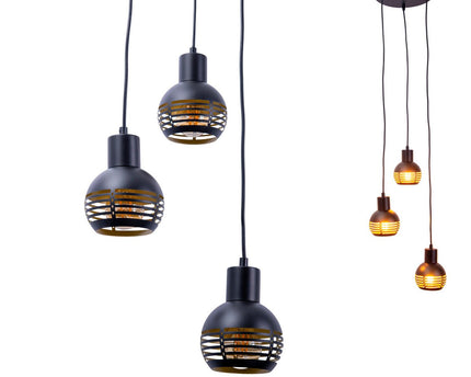 3-zits hanglamp "Casco" hangende lamp gemaakt van metaal in zwart en goud, met E27-versies. Stijlvolle verlichting voor woonkamer, eetkamer of keuken.